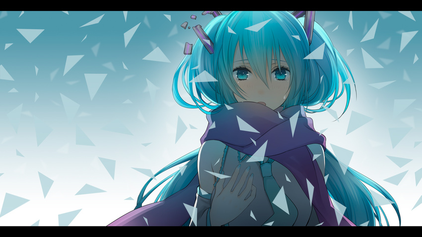 aqua_eyes aqua_hair bad_id bad_pixiv_id blush enpera hatsune_miku highres letterboxed long_hair looking_at_viewer necktie open_mouth scarf solo tears twintails very_long_hair vocaloid wogura