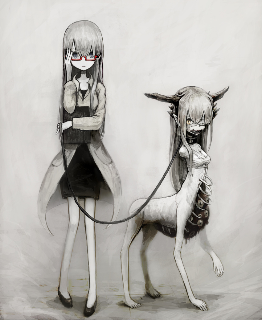 6th_gate adjusting_eyewear amputee bandages blood chimerism collar double_amputee eyeball fangs fusion glasses greyscale guro hair_between_eyes highres horns leash long_hair monochrome monster multiple_girls no_nose pointy_ears red-framed_eyewear ribs sarashi semi-rimless_eyewear shoes sketch slit_pupils spot_color standing stitches toi_(number8) under-rim_eyewear yellow_eyes