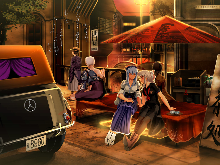 3girls alternate_costume black_hair blue_hair boots bow bowalia bowl breasts bridge cane car contemporary cross-laced_footwear dress fujiwara_no_mokou ground_vehicle hair_bow hat holding_hands japanese_clothes kamishirasawa_keine lace-up_boots long_hair medium_breasts mercedes-benz motor_vehicle multiple_boys multiple_girls obi open_mouth pantyhose poem red_eyes sash silver_hair sitting skirt smile tabi tanka_(poetry) touhou translation_request tray umbrella white_hair