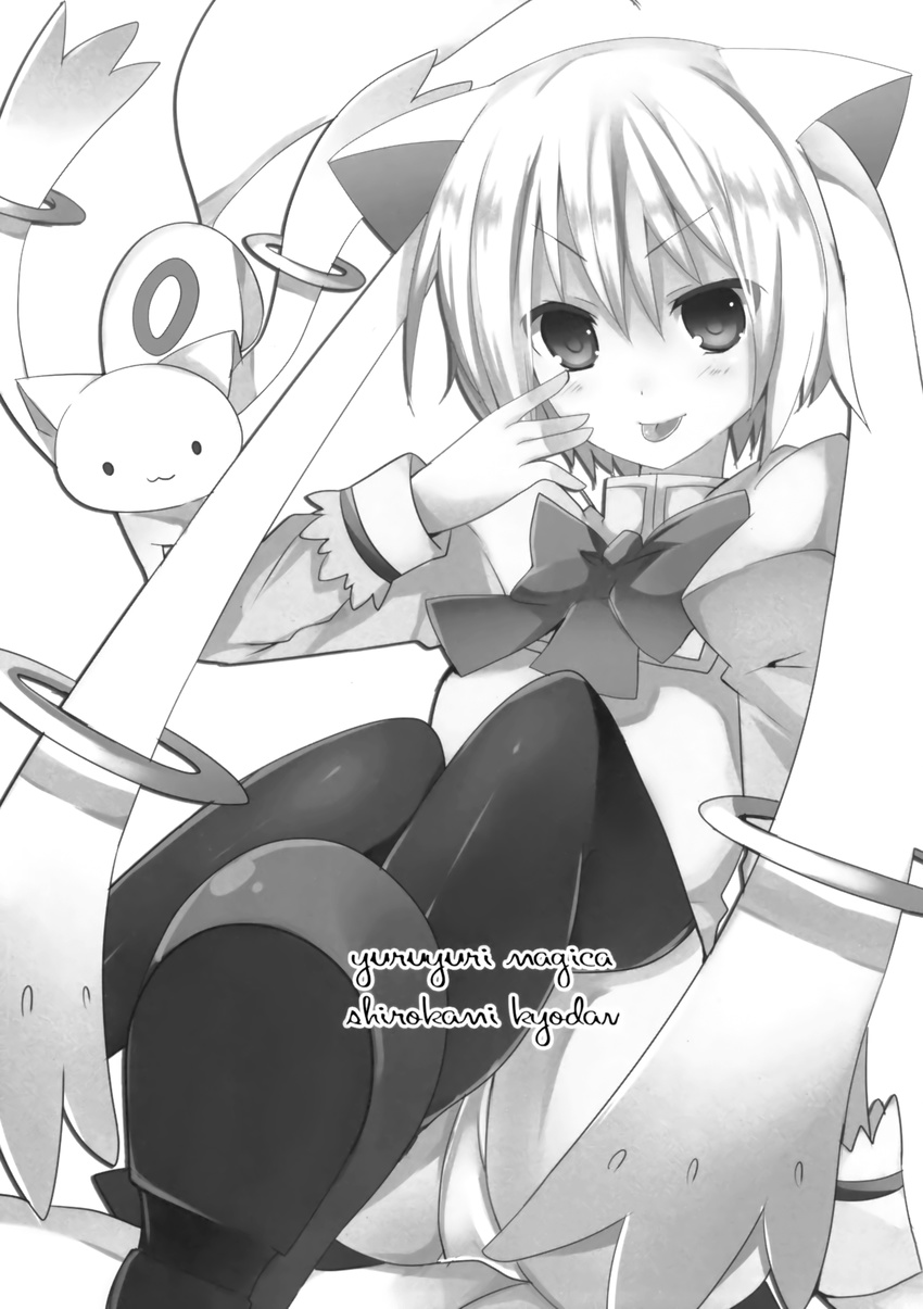 absurdres animal_ears blush bow cat_ears circle_name closed_mouth copyright_name eyebrows_visible_through_hair greyscale highres kyubey long_sleeves looking_at_viewer mahou_shoujo_madoka_magica mishima_kurone monochrome panties pantyshot personification scan short_hair skirt smile solo thighhighs tongue tongue_out underwear