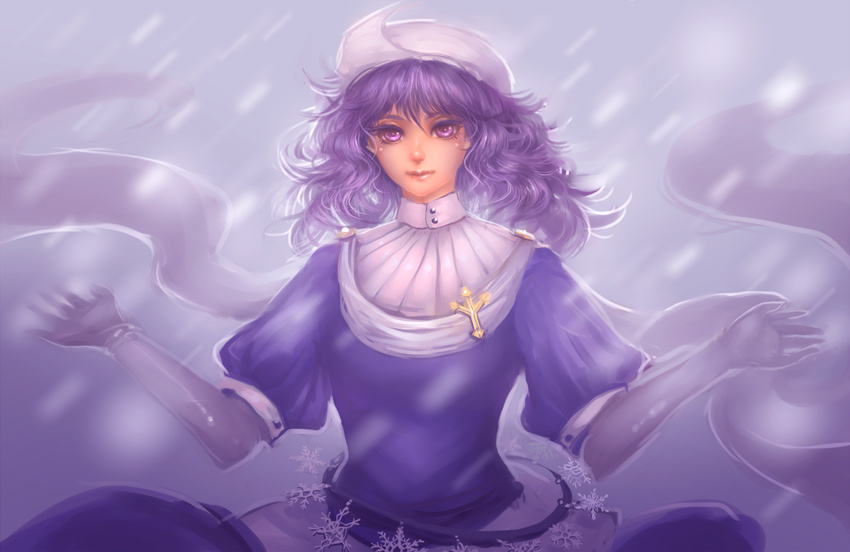 adapted_costume brooch curly_hair dress elbow_gloves expressionless gloves hat high_collar jewelry juliet_sleeves lavender_eyes lavender_hair letty_whiterock light_smile long_sleeves looking_at_viewer puffy_sleeves purple purple_dress purple_eyes purple_hair realistic shawl sheryth short_hair snowflakes snowing solo touhou