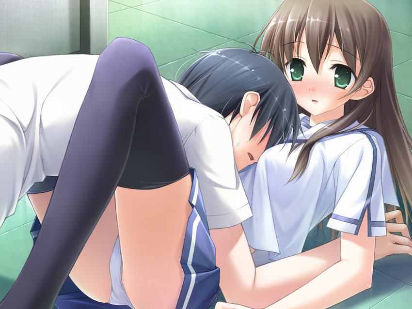 1girl blush breast_pillow breast_smother breasts brown_hair game_cg green_eyes highres itou_hinako kantoku long_hair medium_breasts natsu_no_ame open_mouth panties school_uniform skirt thighhighs underwear white_panties