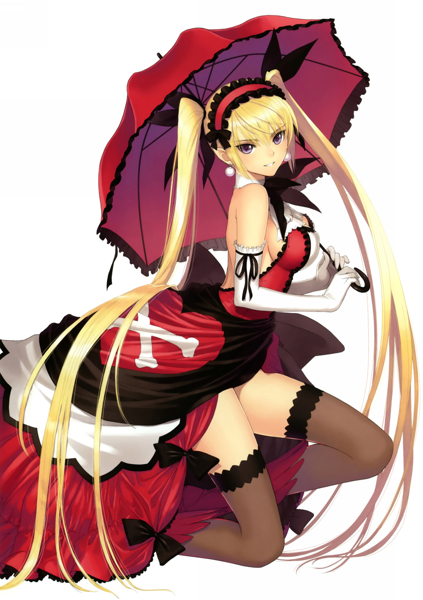 absurdres bare_shoulders black_legwear blonde_hair breasts dress earrings elbow_gloves elf gloves hairband highres jewelry large_breasts legs lolita_hairband long_hair looking_at_viewer mistral_nereis one_knee pointy_ears purple_eyes red_dress shining_(series) shining_hearts sideboob smile solo tanaka_takayuki thighhighs twintails umbrella very_long_hair white_gloves