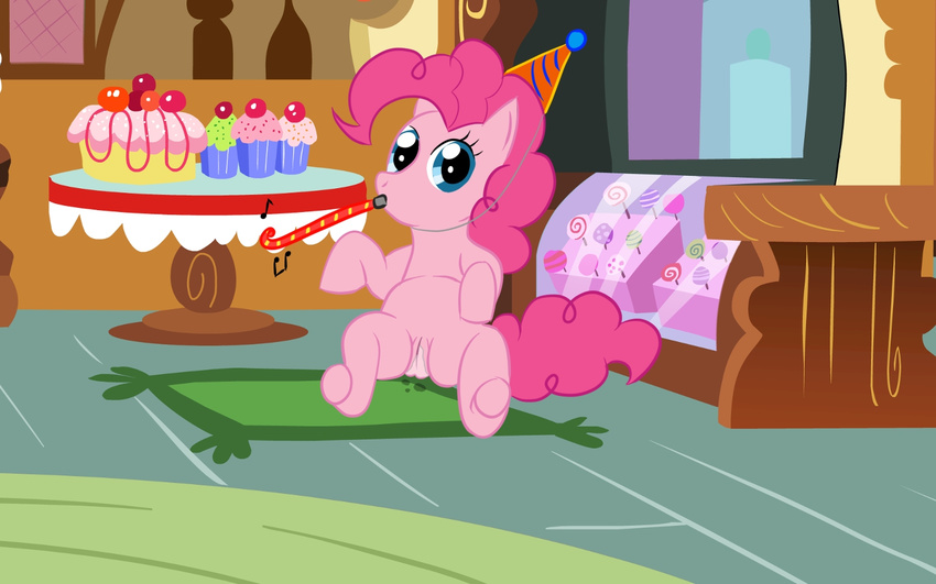 2012 blue_eyes cupcakes equine female feral food friendship_is_magic fur hair hat horse inside looking_at_viewer mammal my_little_pony party_hat party_horn pink_fur pink_hair pinkie_pie_(mlp) pony pussy pussy_juice sitting solo unknown_artist