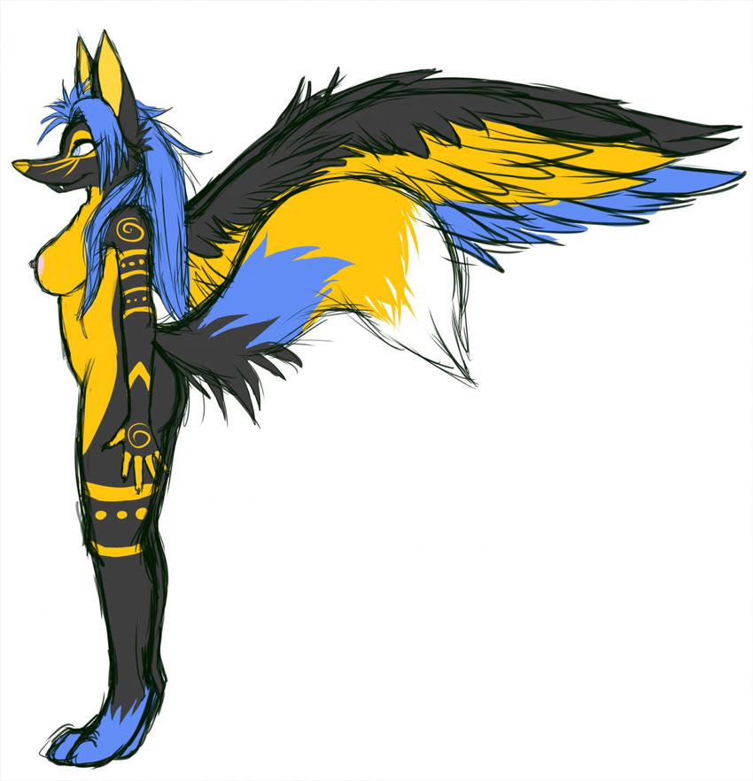 anthro black black_feathers black_fur blue blue_feathers blue_fur candyfoxy canine female fox fur hair long_hair mammal markings wings yellow yellow_fur