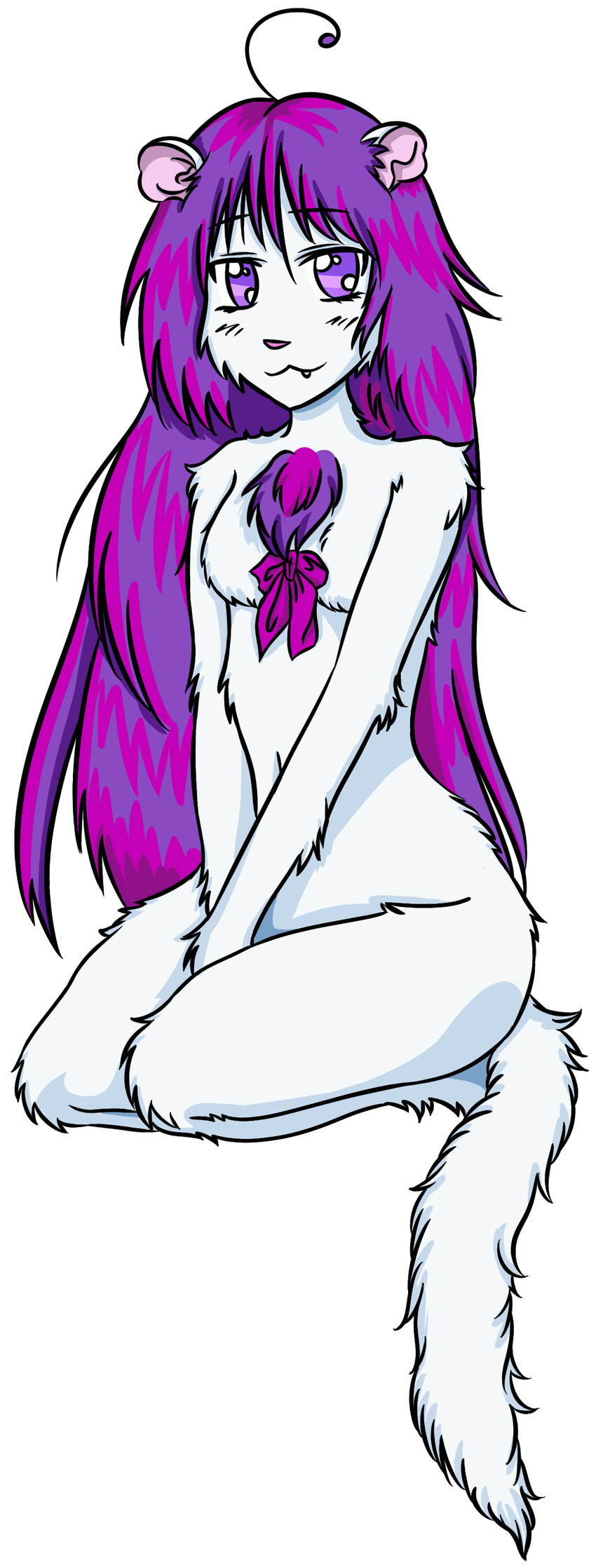 ahoge anthro bow chest_tuft cute female fluffy fur fuzzy hair mammal marsupial multi-colored_hair opossum pink_hair purple_eyes purple_hair sleepymomo solo tuft white_fur