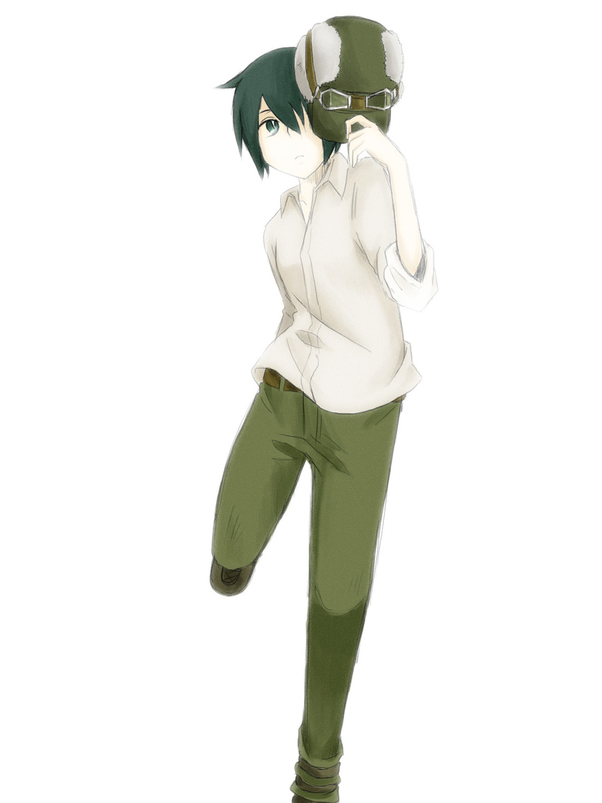 belt collared_shirt dress_shirt fur_hat goggles goggles_on_headwear green_hair green_pants hair_over_one_eye hat hat_removed headwear_removed highres kino kino_no_tabi long_sleeves pants reverse_trap shirt short_hair simple_background sleeves_rolled_up solo standing standing_on_one_leg white_background white_shirt