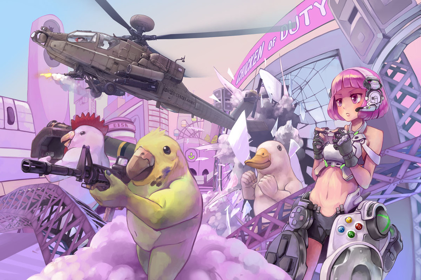 ah-64_apache aircraft assault_rifle bird call_of_duty chicken controller duck ferris_wheel fgm-148_javelin game_console game_controller gloves gun headset helicopter m4_carbine mecha_musume midriff military navel parakeet parody playstation rifle rocket_launcher takio weapon xbox