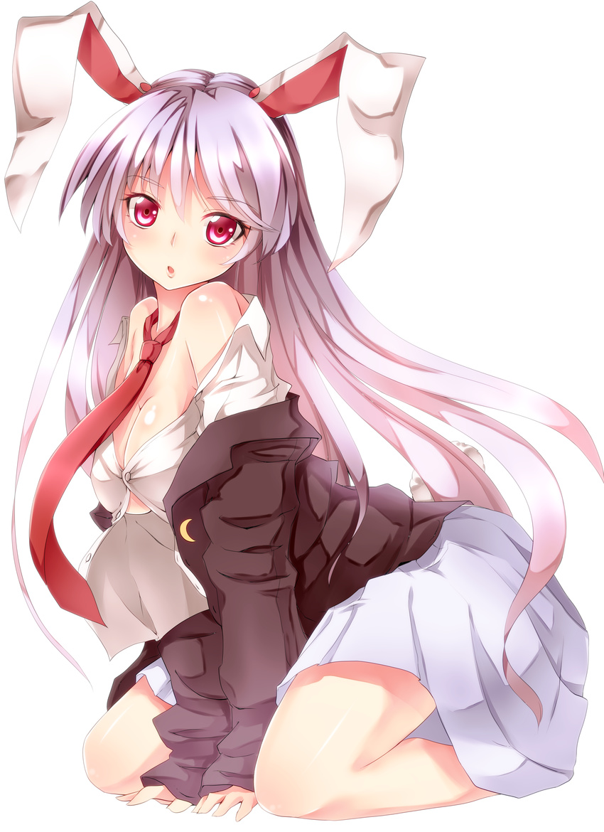 absurdres all_fours animal_ears arm_support bare_shoulders between_legs blazer breasts bunny_ears bunny_tail cleavage dabadhi highres jacket legs_folded long_hair medium_breasts miniskirt monochrome necktie nikka_(cryptomeria) no_bra open_mouth pleated_skirt purple_hair red_eyes reisen_udongein_inaba shirt simple_background skirt sleeves_past_wrists solo tail touhou unbuttoned v_arms very_long_hair white_background white_shirt