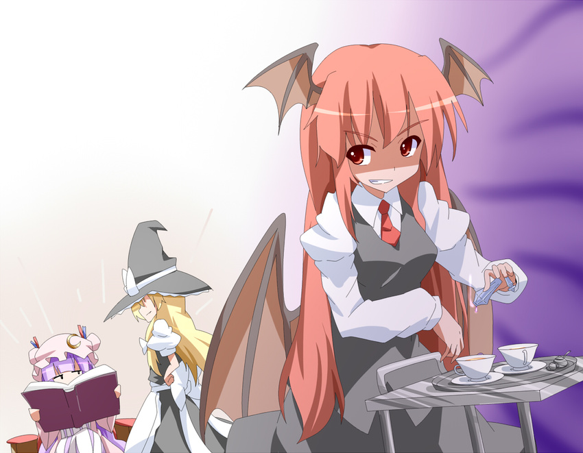 :d apron bangs bat_wings black_dress blonde_hair blunt_bangs book bottle bow collared_shirt crescent cup dress dress_shirt evil_grin evil_smile fueiku grin hair_over_eyes hair_ribbon hands_on_hips hat hat_bow head_wings holding holding_book jitome kirisame_marisa koakuma large_bow long_hair long_sleeves low_wings mob_cap multiple_girls necktie open_book open_mouth patchouli_knowledge poison pouring puffy_short_sleeves puffy_sleeves purple_hair reading red_eyes red_hair red_neckwear ribbon saucer serving_cart shaded_face shirt short_sleeves sitting skirt skirt_set smile smirk standing tea teacup touhou tray v-shaped_eyebrows very_long_hair vest vial waist_apron white_shirt wings witch_hat