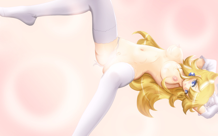 artist_request blush breasts censored female gradient gradient_background highres large_breasts lying mario_(series) nintendo nipples no_pussy princess_peach solo super_mario_bros. tansoku102cm thighhighs