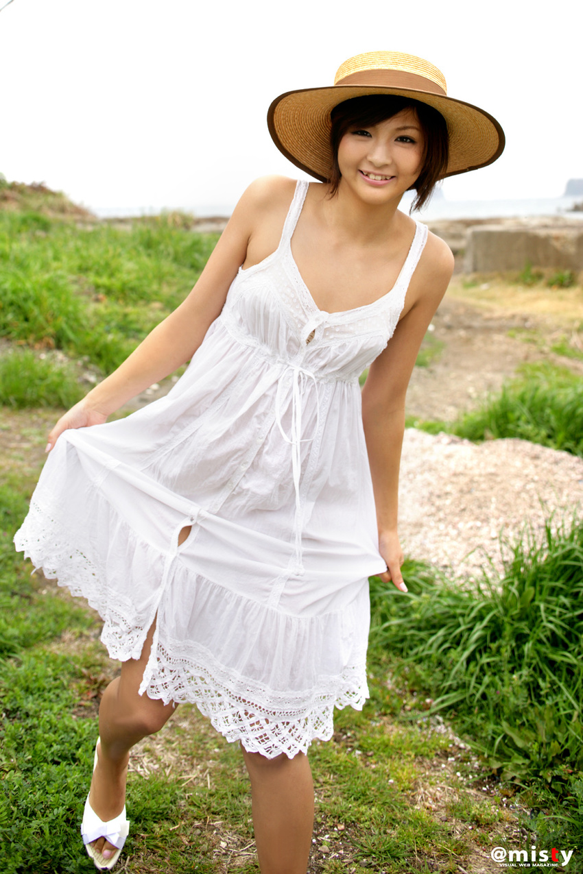 dress hat highres nagasaki_rina photo short_hair straw_hat summer_dress sundress
