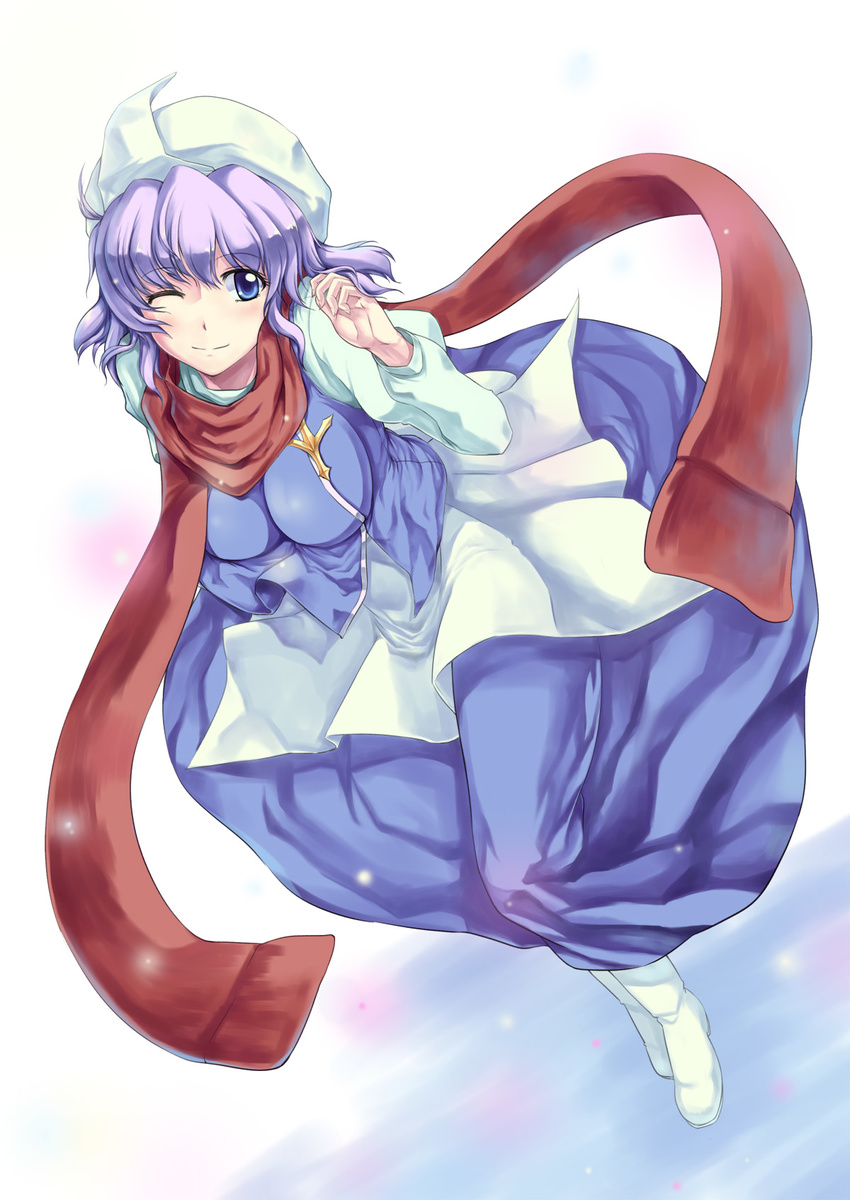 ;) bad_id bad_pixiv_id blue_eyes breasts dress full_body hat highres impossible_clothes large_breasts lavender_hair letty_whiterock moss_(sphere211) one_eye_closed red_scarf scarf short_hair smile solo touhou walking