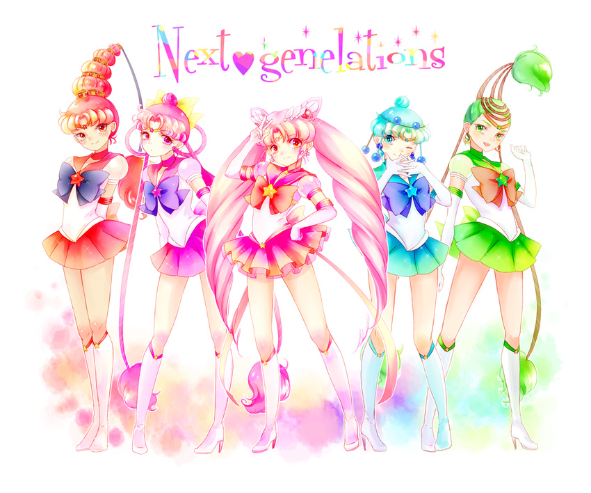amazons_quartet arms_behind_back back_bow bishoujo_senshi_sailor_moon blue_eyes blue_hair blue_sailor_collar blue_skirt boots bow brooch cerecere_(sailor_moon) chibi_usa choker double_bun earrings elbow_gloves engrish full_body gloves green_eyes green_hair green_skirt hair_bun hair_ornament hair_rings hairpin hand_on_hip jewelry junjun_(sailor_moon) knee_boots long_hair magical_girl multi-tied_hair multiple_girls older one_eye_closed pallapalla_(sailor_moon) pink_choker pink_eyes pink_hair pink_sailor_collar pink_skirt pleated_skirt ranguage red_eyes red_hair red_sailor_collar red_skirt ribbon sailor_ceres sailor_chibi_moon sailor_collar sailor_juno sailor_pallas sailor_senshi sailor_senshi_uniform sailor_vesta short_hair skirt smile super_sailor_chibi_moon_(stars) tiara torao_(torakmn) twintails v vesves_(sailor_moon) white_footwear white_gloves yellow_bow