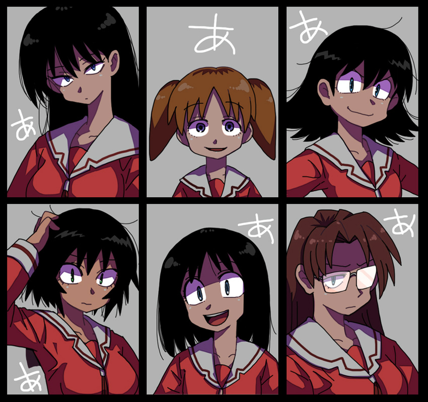 :d a azumanga_daiou black_hair blue_eyes brown_hair glasses grey_background hand_in_hair hand_on_head horror_(theme) kafun kagura_(azumanga_daiou) kasuga_ayumu looking_at_viewer mihama_chiyo mizuhara_koyomi multiple_girls open_mouth portrait sakaki school_uniform scratching serafuku simple_background smile takino_tomo translated twintails