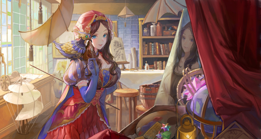 1girl blue_eyes brown_hair brush dress fate/grand_order fate_(series) fine_art_parody globe hat highres leonardo_da_vinci_(fate/grand_order) maccha_(mochancc) mechanical_bird mona_lisa painting_(object) parody saint_quartz stool workshop