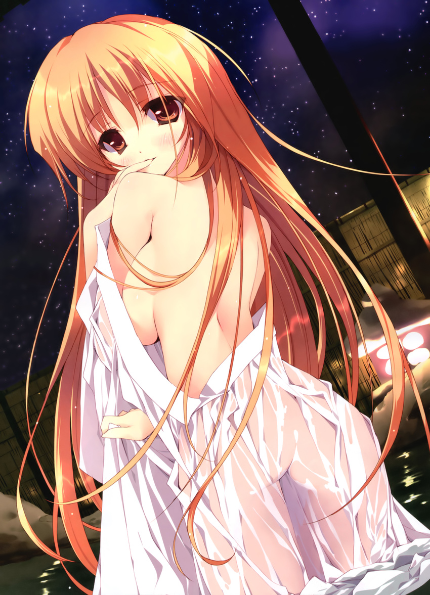 absurdres ass bare_shoulders blonde_hair blush breasts brown_eyes finger_to_mouth highres hoshizora_e_kakaru_hashi long_hair looking_back medium_breasts night night_sky onsen see-through sideboob sky solo star_(sky) starry_sky toudou_tsumugi tsurusaki_takahiro undressing very_long_hair wading