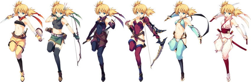 :d arrow blonde bow_(weapon) bridal_gauntlets clothed_navel costume_chart dagger dual_wielding elbow_gloves fingerless_gloves gloves katana kawata_hisashi leotard midriff navel sasamori_karin sword thighhighs to_heart_2 to_heart_2_dungeon_travelers twin_tails weapon
