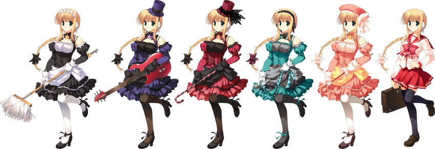 bag blonde braid cane costume_chart guitar hairband hat high_heels maid_headdress microphone mini_top_hat mitsumi_misato mop musical_instrument school_uniform serafuku silfa to_heart_2 to_heart_2_dungeon_travelers top_hat