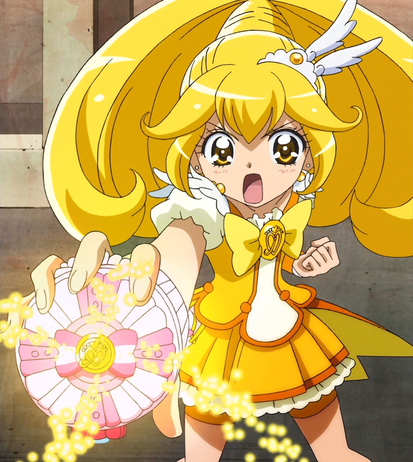 blonde bowtie cure_peace golden_eyes kise_yayoi magical_girl screen_capture skirt smile_precure! wand yellow_motif zettai_ryouiki