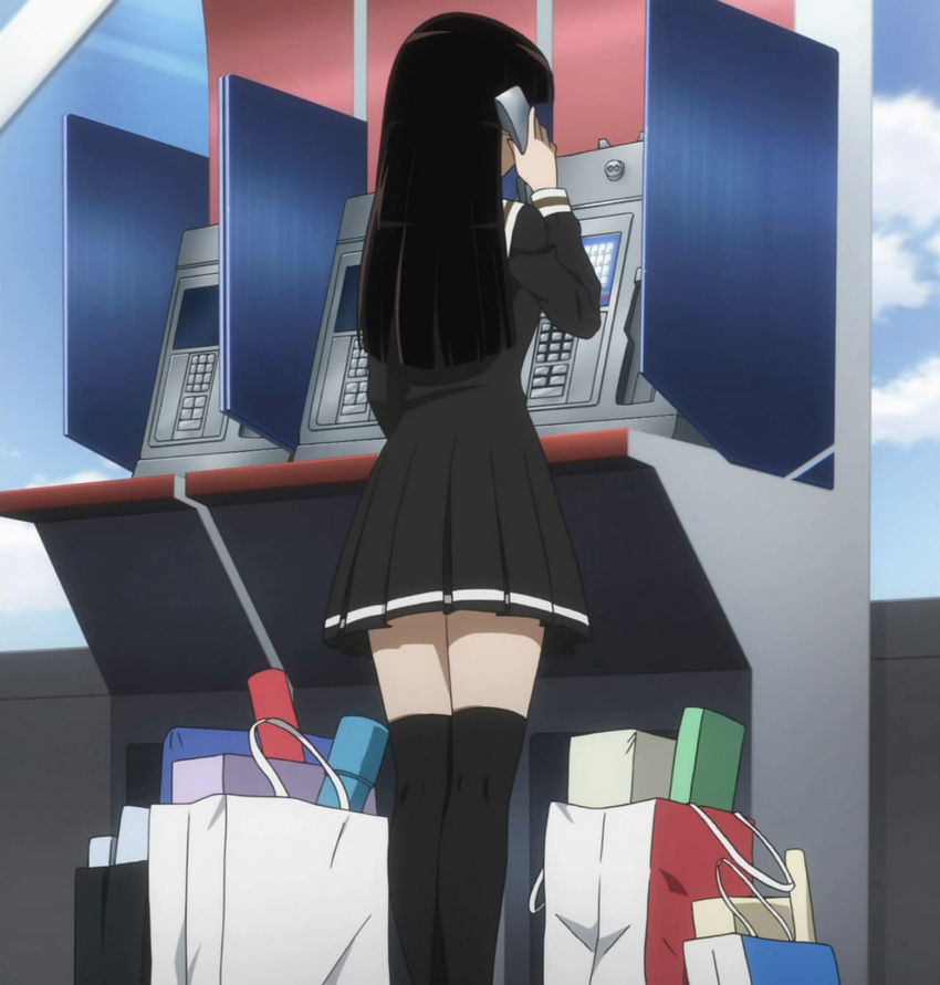 back_toward_viewer kurihara_chiaki long_hair mobile_station mouretsu_pirates packages school_uniform screen_capture shopping_bags standing wireless_phone zettai_ryouiki