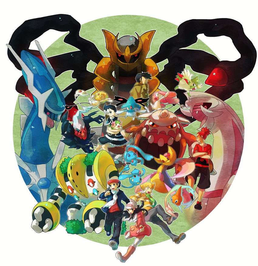 4boys alternate_costume azelf bad_id bad_pixiv_id baku_(pokemon) beanie boots coat cresselia darkrai dialga gen_4_pokemon giratina grin handsome_(pokemon) hat heatran highres hikari_(pokemon) holding holding_poke_ball jun_(pokemon) kouki_(pokemon) legendary_pokemon mai_(pokemon) manaphy mesprit multiple_boys multiple_girls palkia phione pink_footwear poke_ball pokemon pokemon_(creature) pokemon_(game) pokemon_dppt pokemon_platinum regigigas rotom scarf shaymin skyloop19 smile uxie winter_clothes