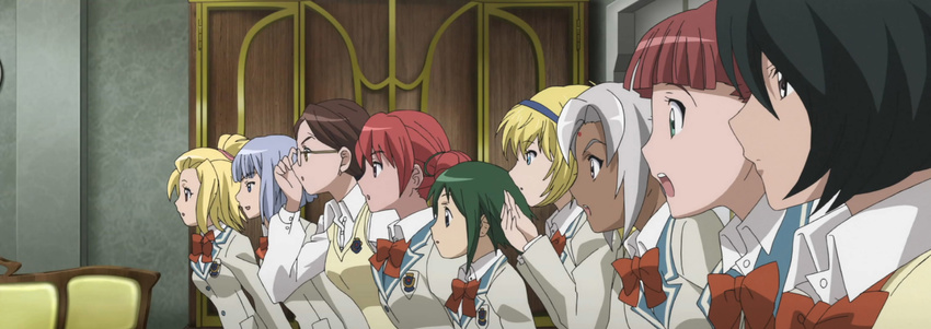 blazers blonde blue_hair bow_ties brown_hair classmates dark_skin excited glasses_adjustment glowing green_hair hair_band hands_over_mouth interior leaning_in_towards megane mouretsu_pirates profiles red_hair school_uniform screen_capture surprised sweater_vests twin_tails wow'd
