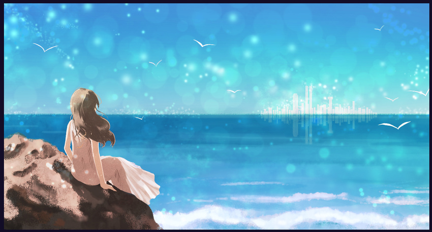 blue_sky breeze girl long_dress mirage ocean overlook refection seagull seashore sitting_on_rock_face sky waves wind