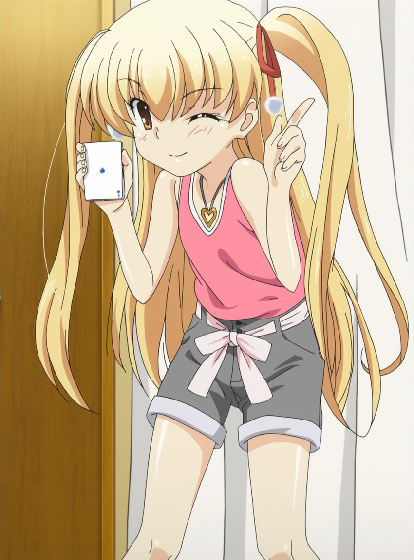 blush card_deck cute door heart_necklace interior papa_no_iu_koto_wo_kikinasai! papa_no_iukoto_wo_kikinasai! pink_shirt screen_capture shorts takanashi_miu tank_top twin_tail wink