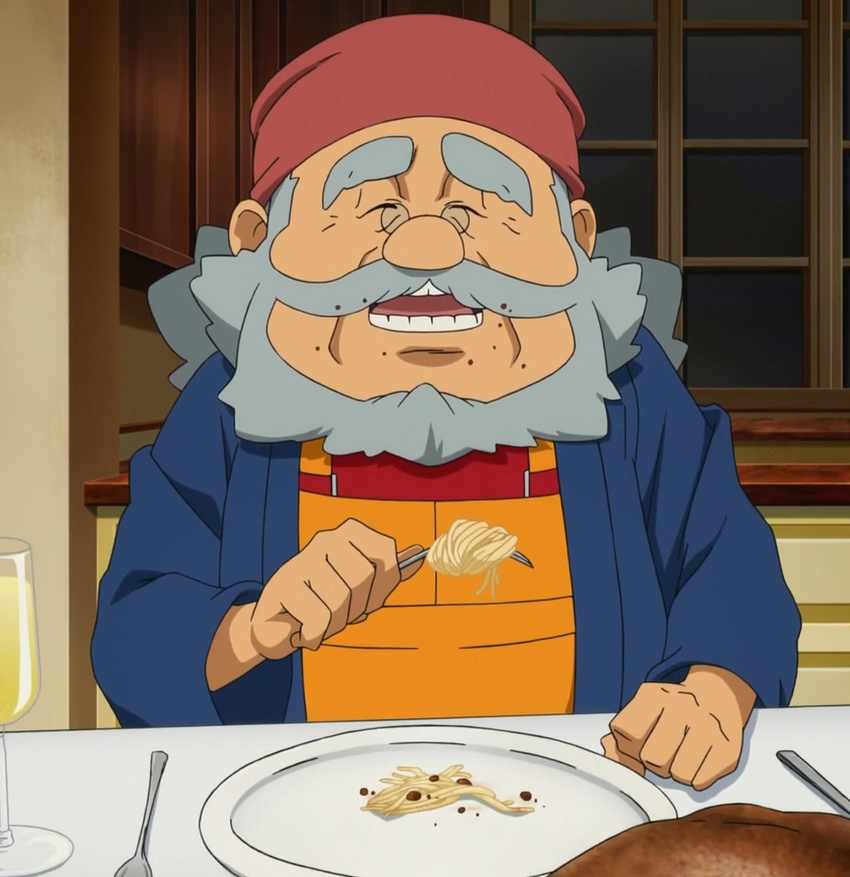 beard crumbs eating fork glass gundam_age interior meat megane pasta plate screen_capture spaghetti table utensils vargas_dyson