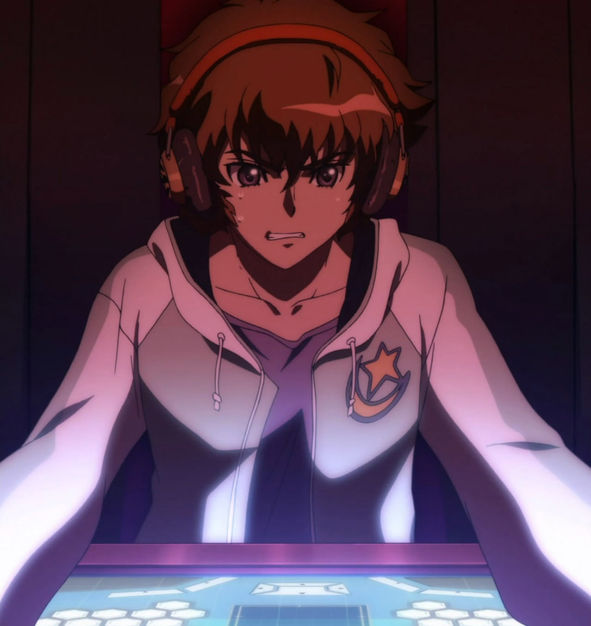 brown_eyes brown_hair clavical clinched_teeth computer_console determined glow headphone hoodie insignia mouretsu_pirates over_the_ear_headphones screen screen_capture short_hair sitting sweat