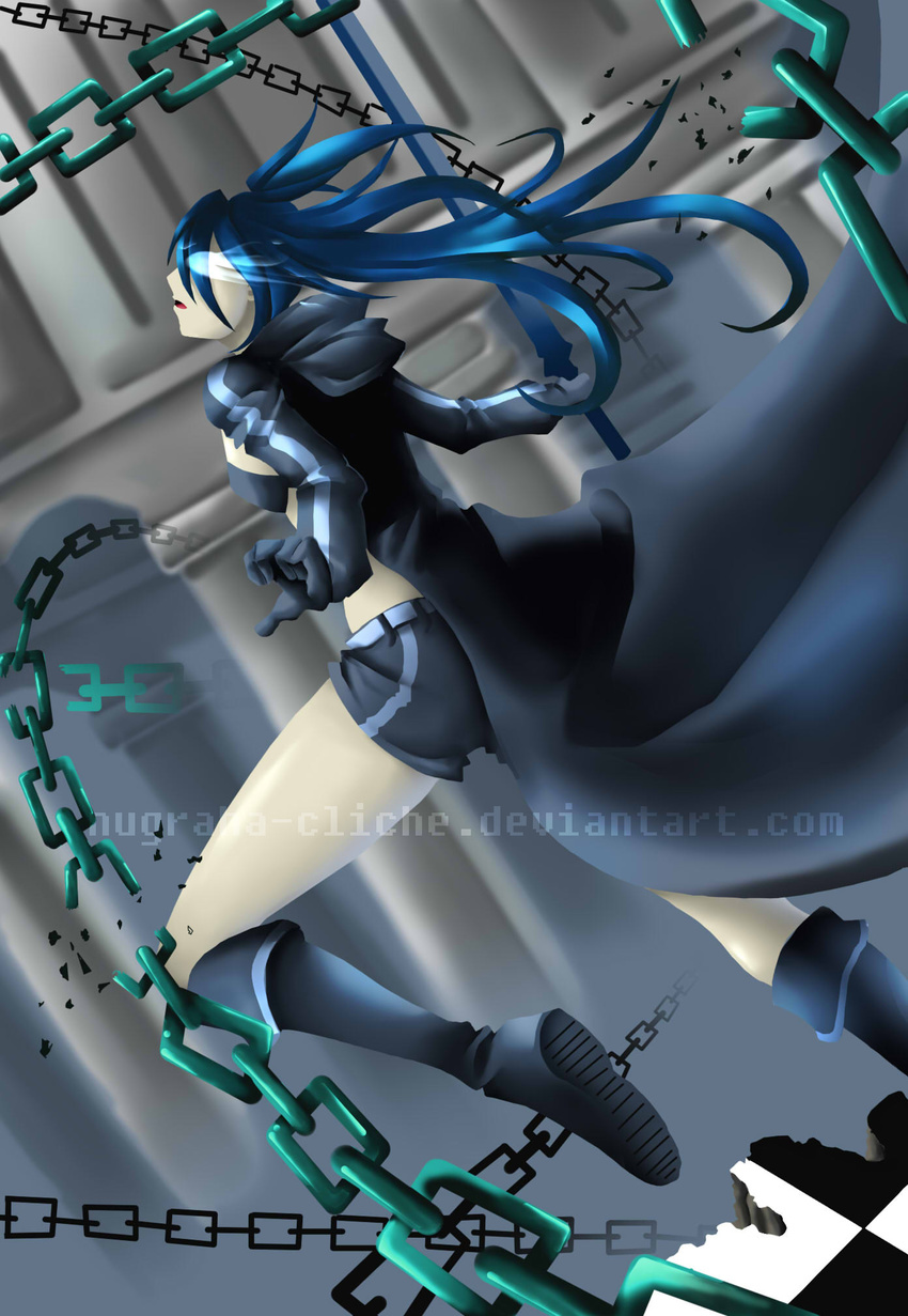 1girl anime bikini_top black black_hair black_rock_shooter blue_eyes breast brs chain checkered_floor darkness flames fz001 gloves hatsune_miku hood jumping knee_boots kuroi_mato long_hair midriff mizugi short sword twin_tails vocaloid