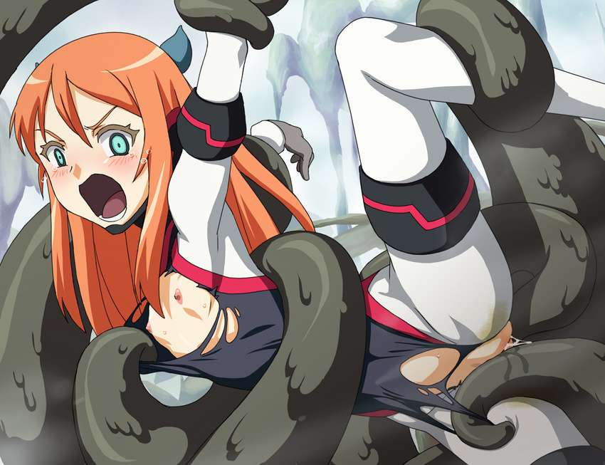 aqua_eyes blush bodysuit cameltoe chiara_ferina element_hunters flat_chest long_hair makino_tomoyasu nipples open_mouth orange_hair peeing pettanko pussy_juice rape scared skin_tight slime sweat tears tentacle tentacles tongue urine