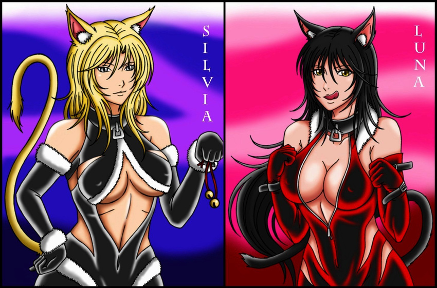 2girls black_hair blonde breasts girls hair large large_breasts ld long_hair neko nekomimi nipples oppai sexy silver_eyes tail yellow_eyes_