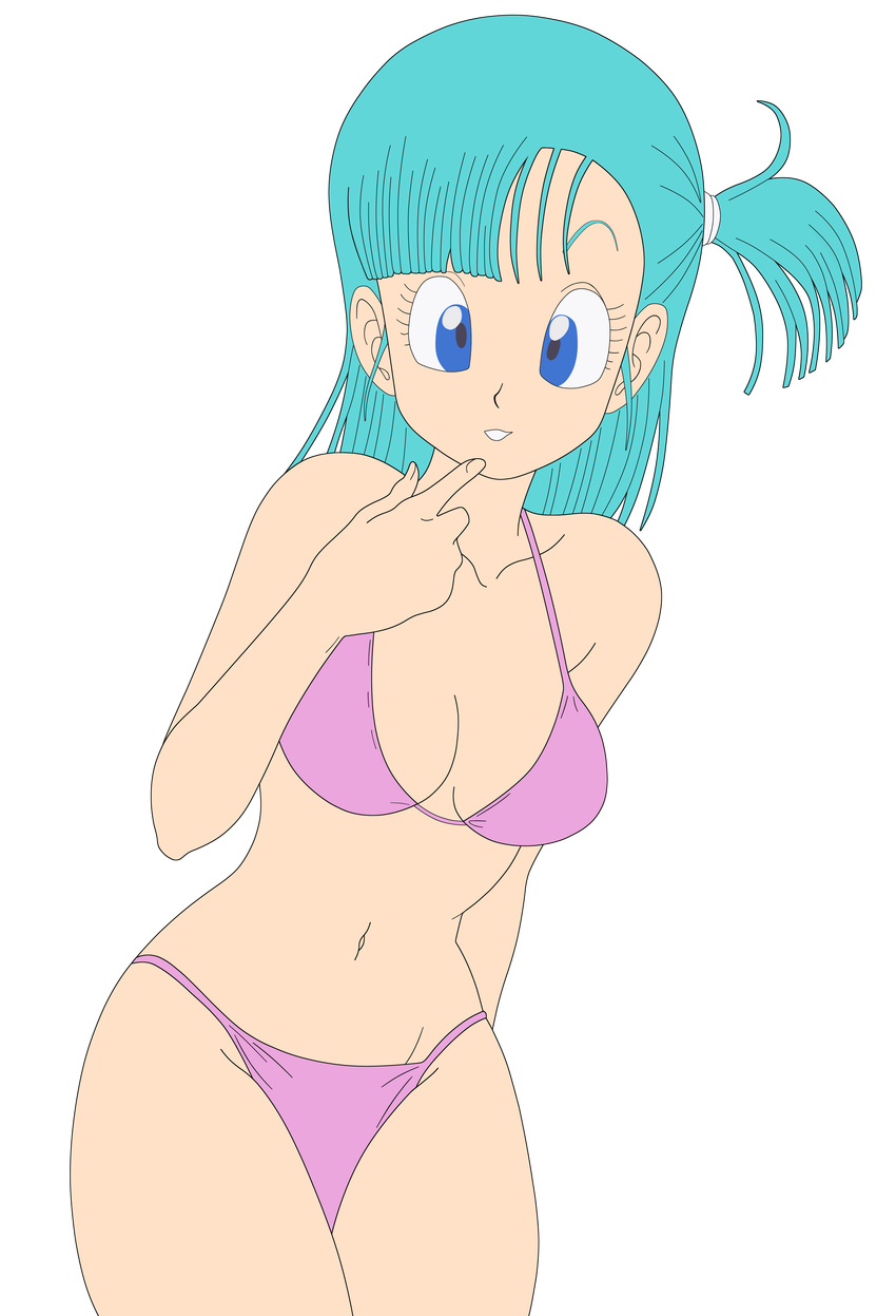 1girl absurdres bangs bikini blue_eyes blue_hair breasts bulma dbz dragon_ball dragonball dragonball_z green_hair high_res highres long_hair mizugi navel oppai photoshop smile solo swimsuit teeth thighs vector_trace white_background