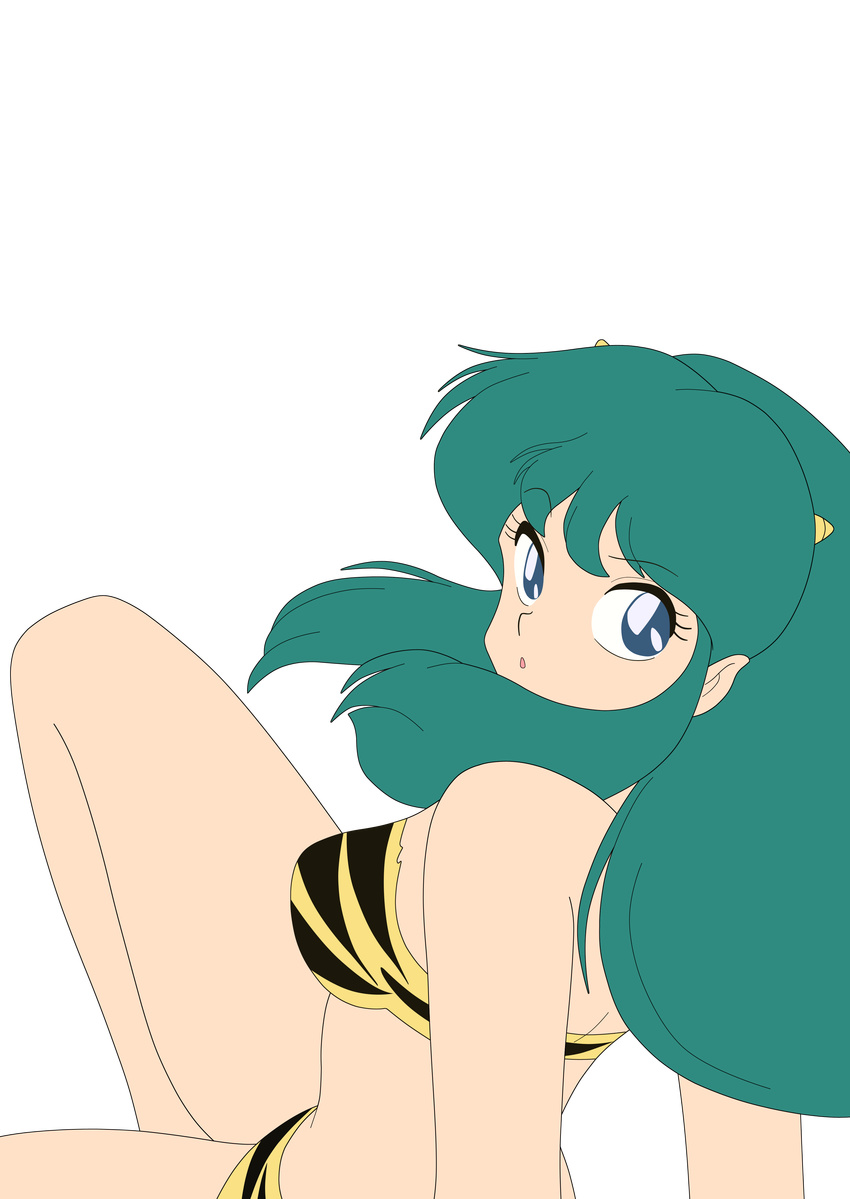 bikini blue_eyes green_hair high_res horns legs long_hair looking_back lum mizugi oni photoshop solo thighs urusei_yatsura vector_trace