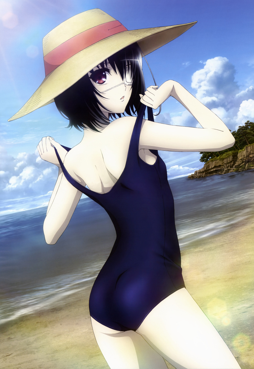 absurdres another ass beach cloud day eyepatch hat highres ishii_yuriko looking_at_viewer looking_back misaki_mei nyantype ocean official_art one-piece_swimsuit outdoors pale_skin red_eyes scan school_swimsuit shiny shiny_clothes sky solo sun_hat swimsuit undressing water