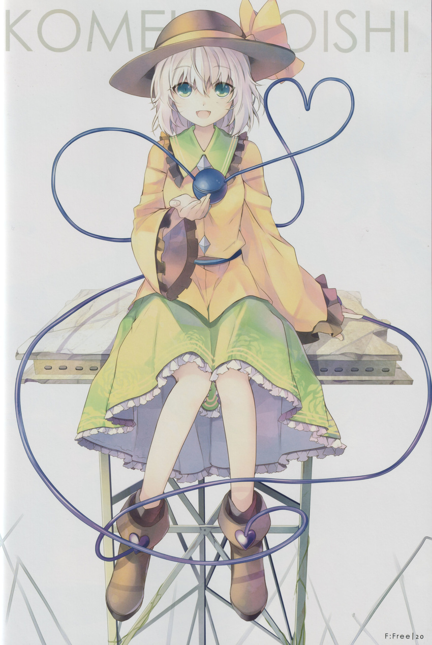 6u_(eternal_land) absurdres blonde_hair character_name eyeball green_eyes hat heart highres komeiji_koishi open_mouth scan short_hair sitting smile solo third_eye touhou