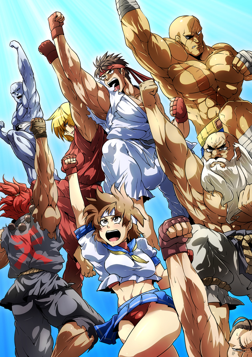 6+boys ahoge armpits bandana beard blue_sailor_collar buruma clenched_teeth crop_top eyepatch facial_hair fingerless_gloves gloves gouken gouki hibiki_dan highres kasugano_sakura ken_masters midriff multiple_boys muscle odd_one_out open_mouth panties pantyshot ponytail ryuu_(street_fighter) sagat sagattoru sailor_collar school_uniform seth_(street_fighter) shouryuuken skirt street_fighter teeth toned underwear uppercut