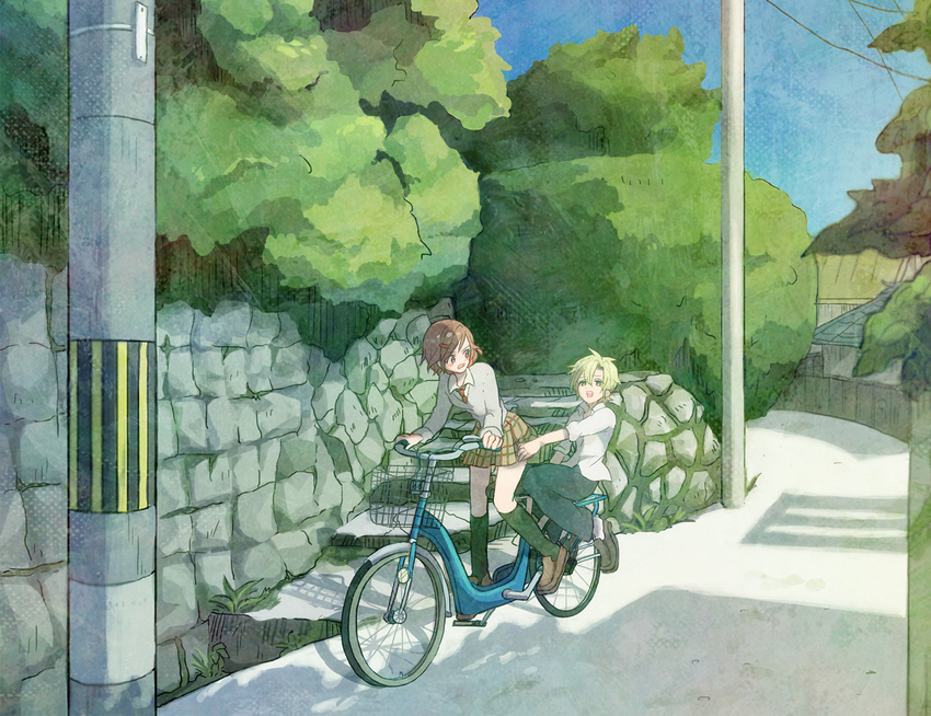 1girl alley bad_id bad_pixiv_id basket bicycle bicycle_basket black_pants blonde_hair blush_stickers brown_eyes brown_hair building bush danshi_koukousei_no_nichijou foliage green_eyes green_legwear ground_vehicle hair_ornament hairclip kneehighs loafers long_sleeves looking_at_another multiple_riders necktie outdoors pants plaid plaid_skirt president_(danshi_koukousei) retaining_wall riding ringo-chan_(danshi_koukousei) school_uniform shadow shiodaifuku shirt shoes short_hair skirt stone_wall sunlight telephone_pole wall white_shirt wide_shot