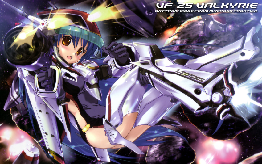 blue_hair brown_eyes highres komatsu_eiji macross macross_frontier mecha_musume megami_creators poster scan solo vf-25 wallpaper