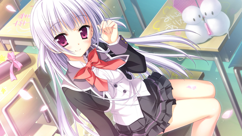 1girl game_cg gray_hair grey_hair hatsuyuki_sakura hontani_kanae indoors long_hair moribe_(rabumanyo) petals saga_planets school_uniform seifuku solo tamaki_sakura