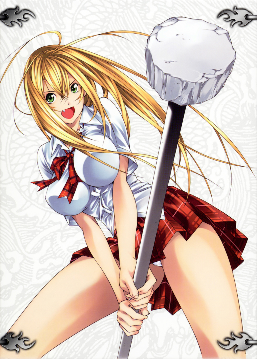 absurdres blonde_hair breasts female green_eyes highres ikkitousen large_breasts long_hair miniskirt panties shiozaki_yuji short_skirt skirt smile solo sonsaku_hakufu underwear upskirt