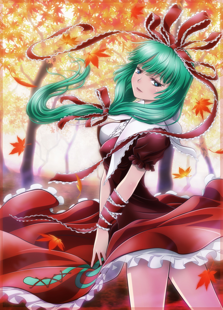 ah-negitorow blue_eyes blurry border breasts capelet depth_of_field dress forest frills front_ponytail green_hair hair_ribbon head_tilt highres kagiyama_hina laces leaf lips long_hair looking_at_viewer maple_leaf medium_breasts nature parted_lips ribbon short_sleeves solo touhou v_arms very_long_hair wind wind_lift wrist_ribbon