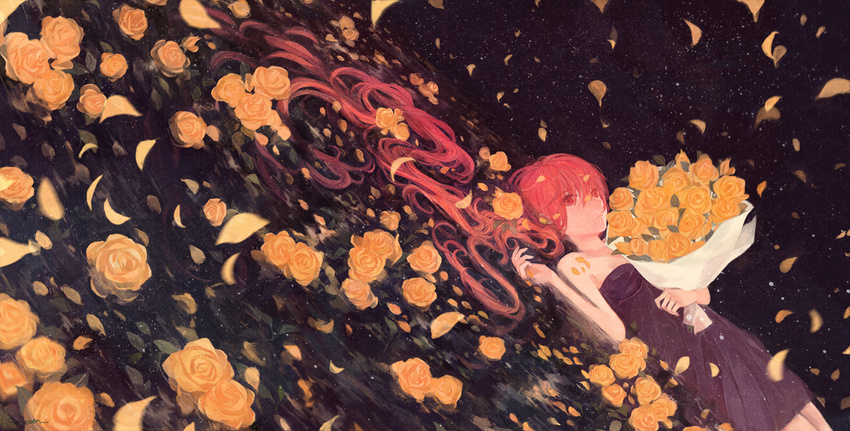 bouquet dress female flower gabaisuito-n hair human long_hair lying mammal night not_furry on_back petals red_eyes red_hair solo stars