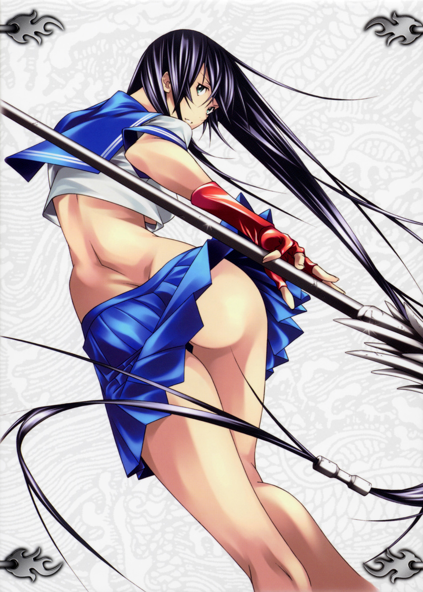 absurdres ass female fingerless_gloves gloves highres ikkitousen kan'u_unchou kanu_unchou long_hair looking_back shiozaki_yuji simple_background skirt solo thighs