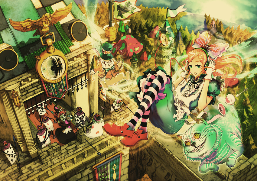 alice_(wonderland) alice_in_wonderland bird bow bowtie brick_wall broken_heart bunny card castle cat cheshire_cat cup diamond_(shape) dress flag glasses gloves green_eyes grin hair_bow hands_on_headphones hat headphones heart highres long_hair multiple_girls mushroom orange_hair pantyhose playing_card pocket_watch polearm queen_of_hearts red_hair ribbon saucer scenery smile spear spoon stopwatch striped striped_legwear teacup teeth top_hat tree umbrella watch weapon whiskers white_rabbit wyx2