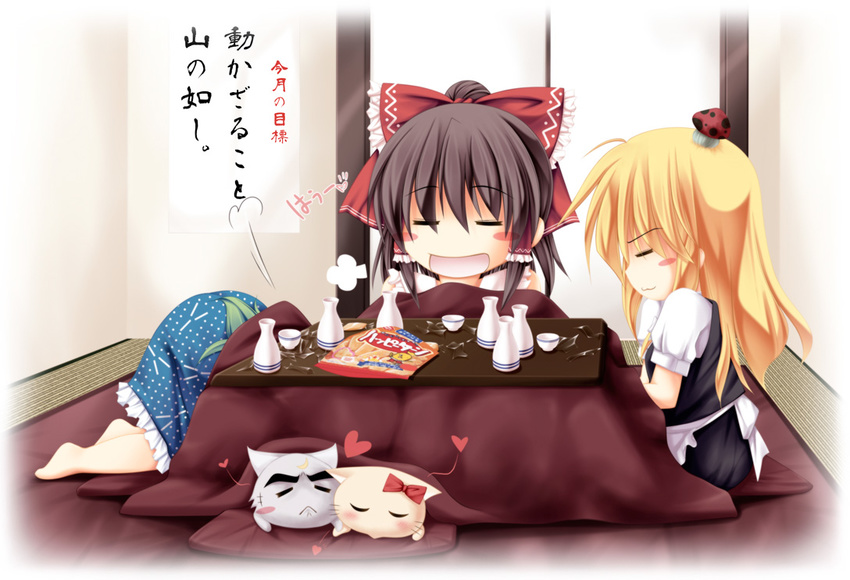 :&lt; =_= blonde_hair blush_stickers bottle bow brown_hair cat crescent cup eyebrows green_hair hakurei_reimu heart kai_yuuki kirisame_marisa kochiya_sanae kotatsu long_hair multiple_girls mushroom mushroomized open_mouth skirt table touhou translated whiskers