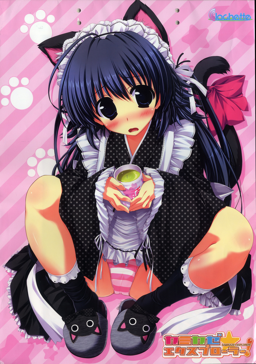 absurdres animal_ears animal_slippers apron black_legwear blue_hair blush bow cameltoe cat cat_ears cat_tail cup frills green_tea highres holding japanese_clothes kamikaze_explorer! kimono lolita_fashion long_hair maid maid_apron maid_headdress open_mouth oshiki_hitoshi panties paw_print polka_dot ribbon sitting slippers socks spread_legs star striped striped_panties tail tail_ribbon tea underwear usami_saori wa_lolita