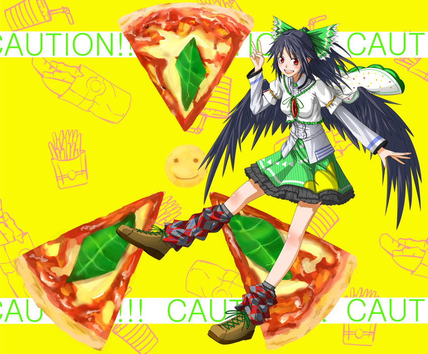 1girl adapted_costume argyle argyle_legwear bad_id bad_pixiv_id black_hair black_wings bow cape fast_food food french_fries hair_bow highres hot_dog long_hair pizza red_eyes reiuji_utsuho shoes skirt smile smiley_face solo touhou v wings